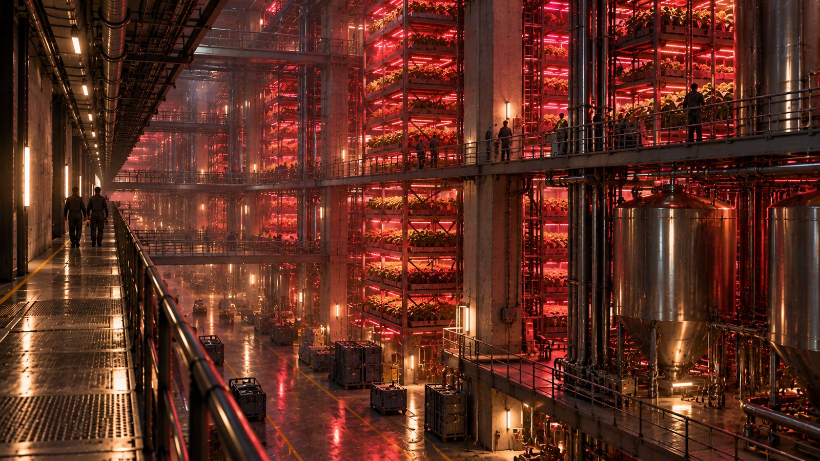 Endless rows of growing racks under red lamps
