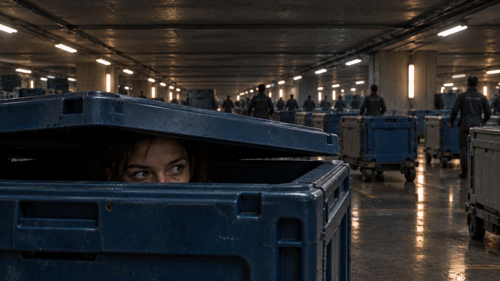 A freight hall full of blue containers; under one lid, a pair of eyes