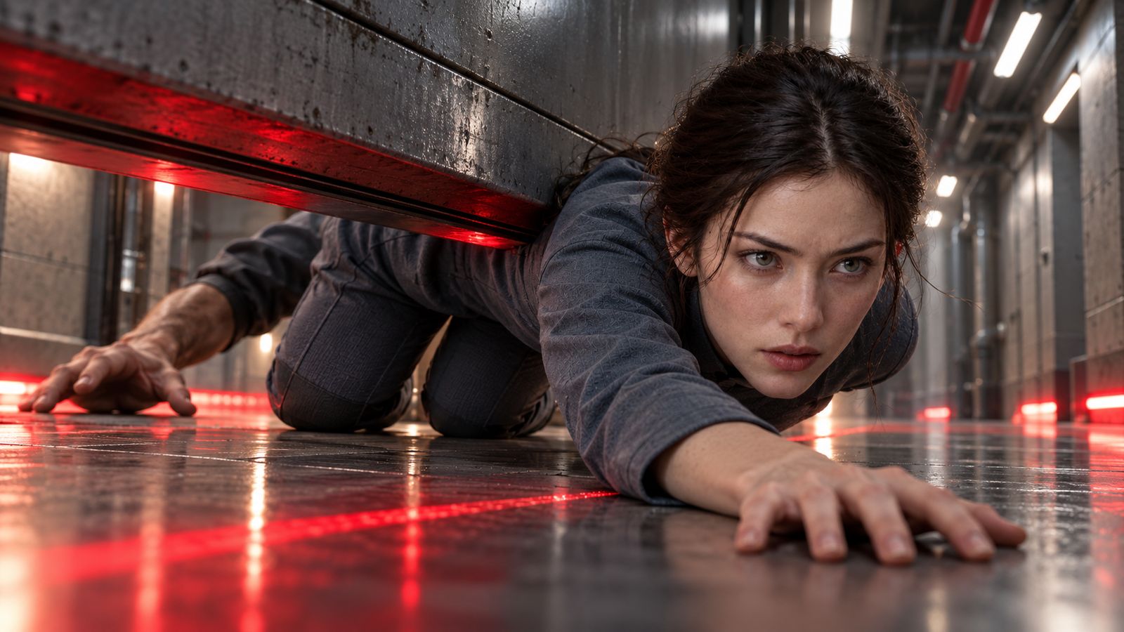 A young woman slides on her knees under a closing door; the floor stripes glow red