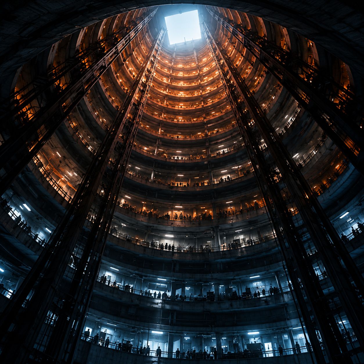 Looking up the great shaft, every level lit, a pale square of light at the very top